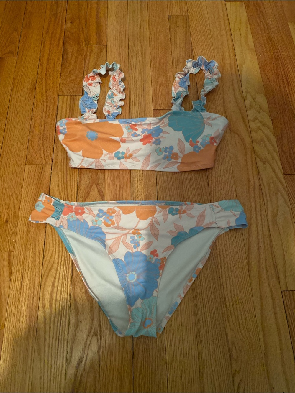 Women’s Floral Ruffle Strap Bikini Set - Peach & Blue by Jessica Simpson